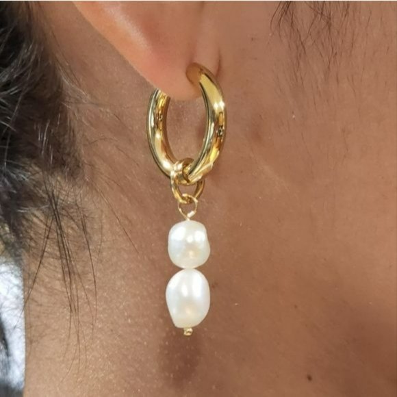 18K Gold Plated Stainless Steel Hoop Freshwater Pearl Beads Dangle Drop Earrings - Picture 7 of 9